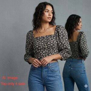 Levis Women XS Floral Puff Sleeve Square Neck Smocked Crop Top Black Coquette